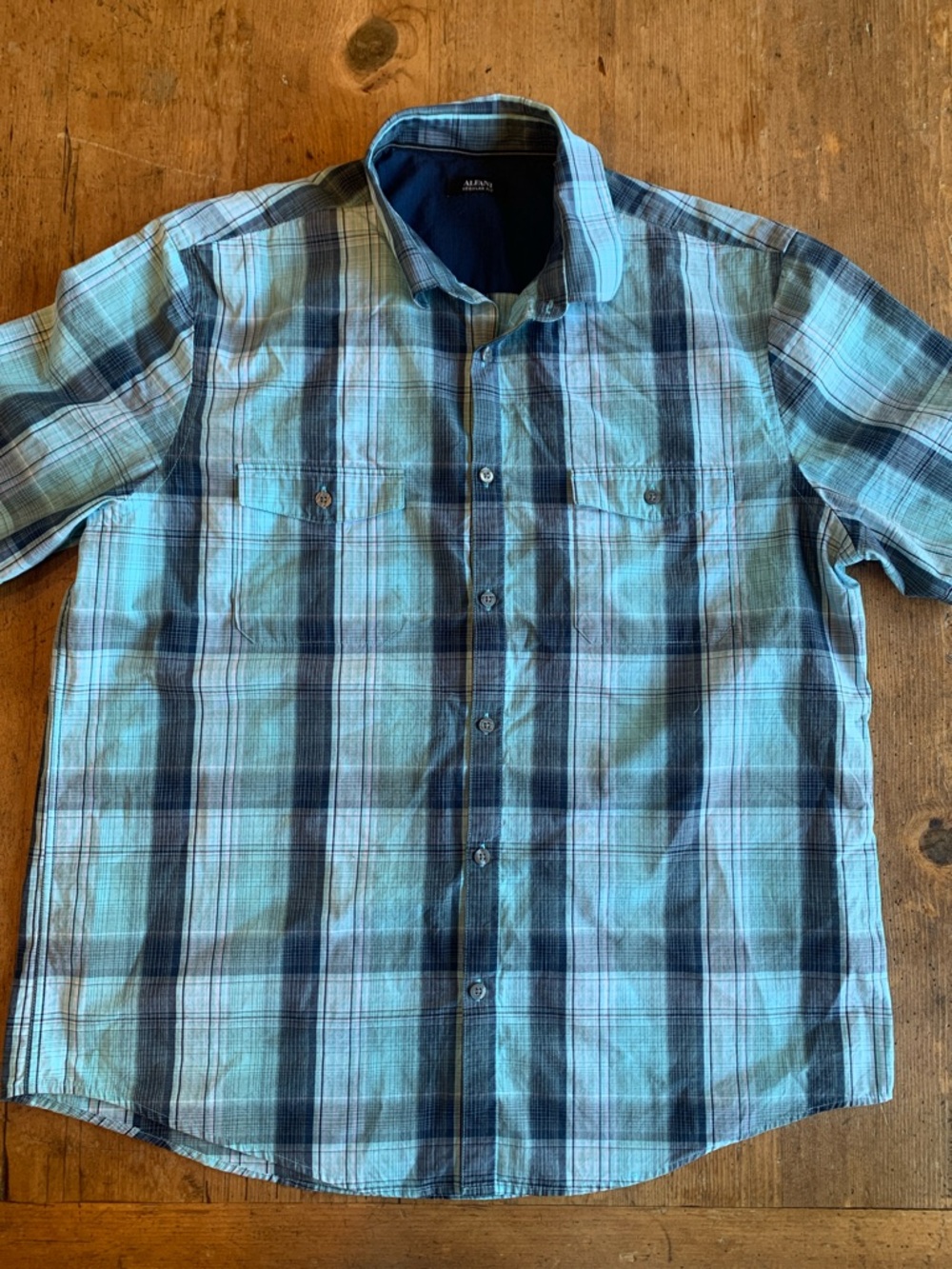 Alfani Men's Teal and Navy Plaid Short-Sleeve Button-Down Shirt
